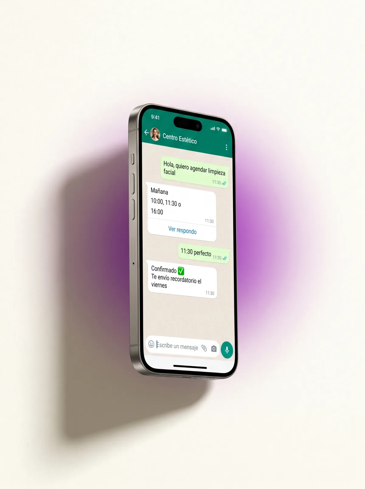 Conversación WhatsApp Business: agendamiento cita centro estético con agente IA — propone horarios, confirma reserva y manda recordatorio